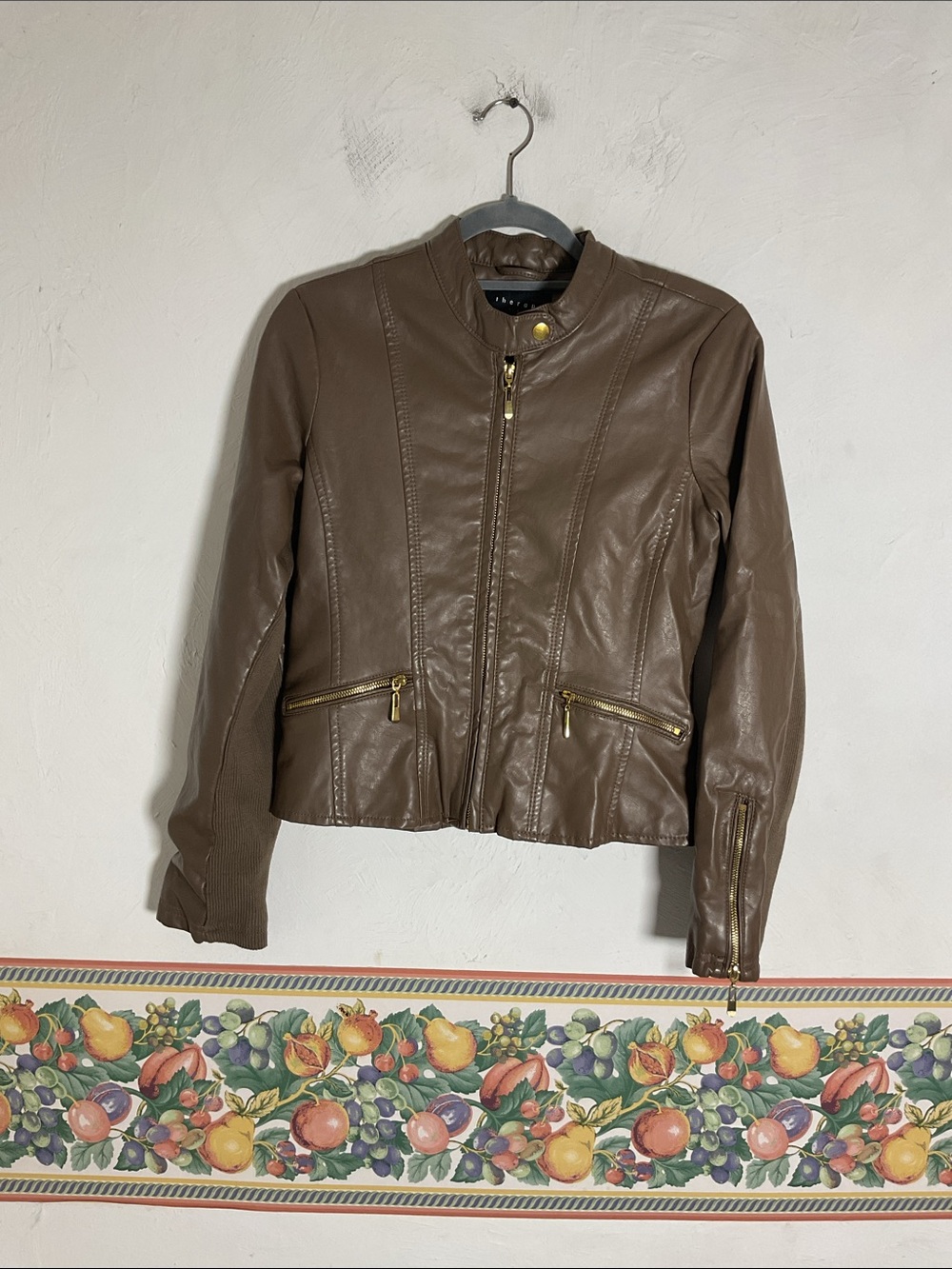 Therapy Petite Brown Faux Leather Moto Biker Jacket Stretch Ribbed Trim Size PS